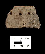 Sullivan Cove rim sherd (2 of 2) decorated with punctations and cord-wrapped dowel impressions from the Hallowing Point site 18CV31/1.